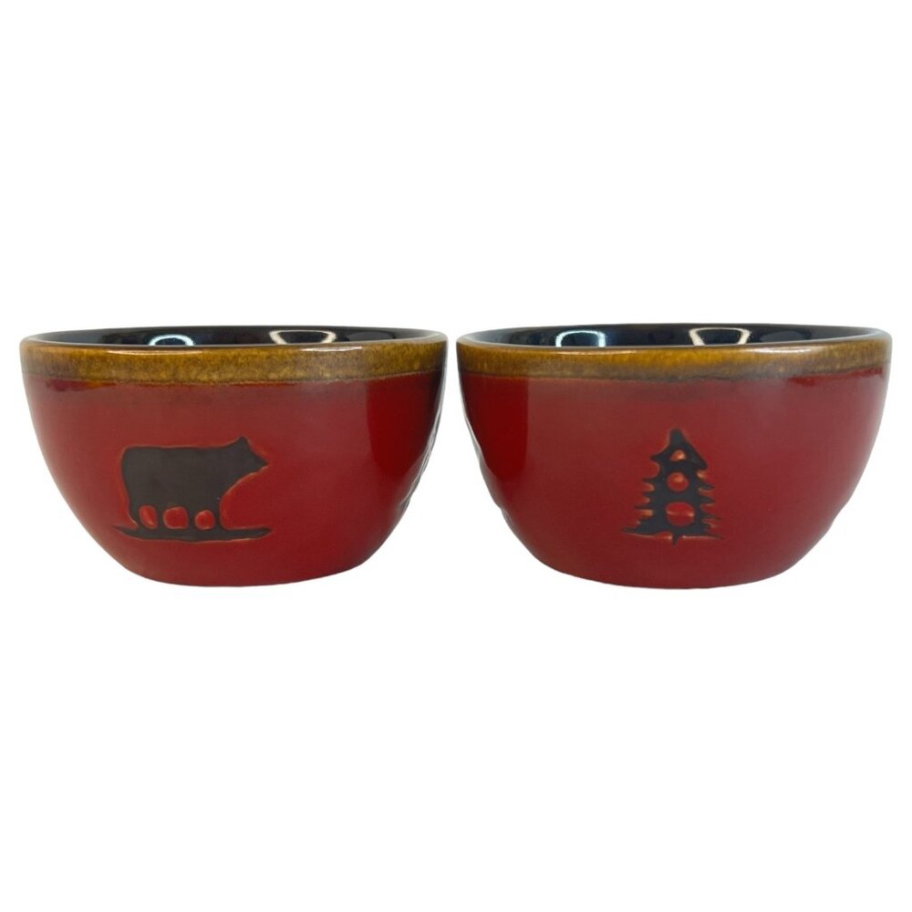 2 Home Studio Woodland‎ Rustic Red Bowl Berry Set Bear Pine Tree 4.5 IN Ceramic